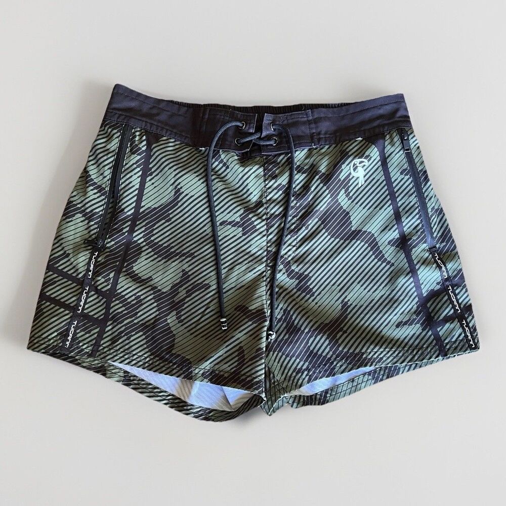 Tucann Men's Striped Green Camo 5" Drawstring Swim Shorts Size Med Board Shorts